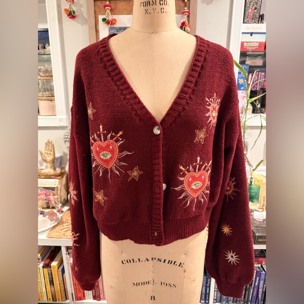 Embroidered Burgundy Cardigan Sweater